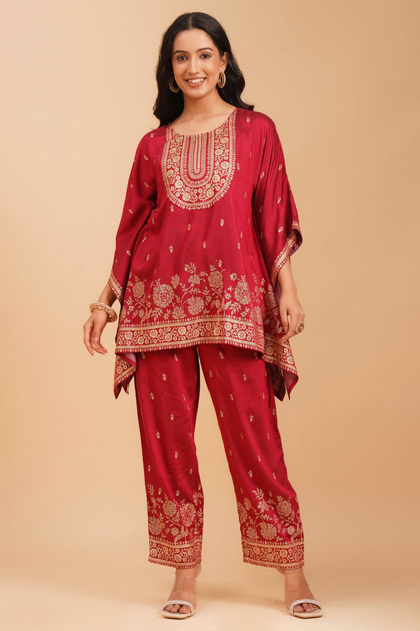 Maroon Embellished Vicuna Crepe Kaftan with Palazzo Set