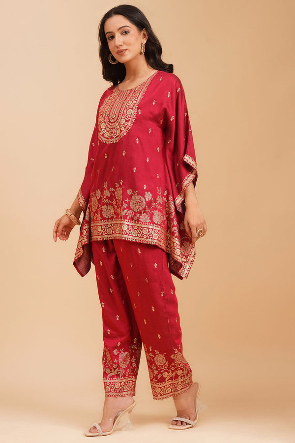 Maroon Embellished Vicuna Crepe Kaftan with Palazzo Set