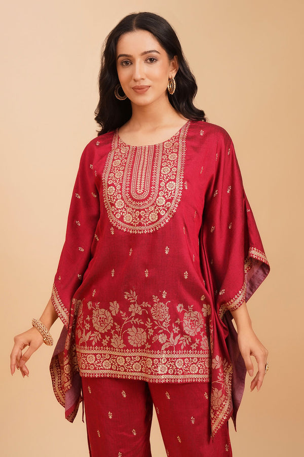 Maroon Embellished Vicuna Crepe Kaftan with Palazzo Set