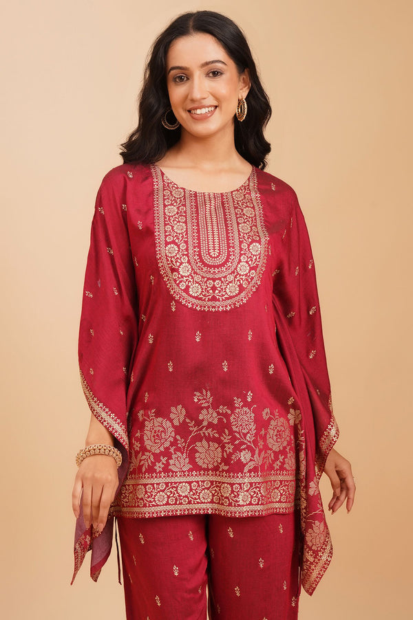 Maroon Embellished Vicuna Crepe Kaftan with Palazzo Set