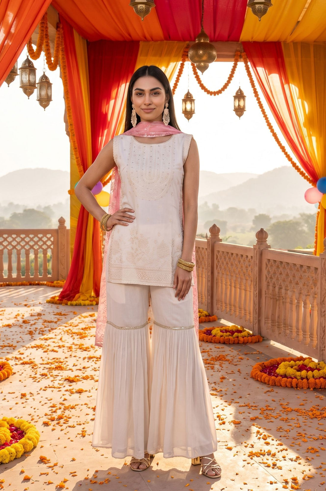 Off White Thread Embroidered Sleeveless Straight Kurta with Sharara and Dupatta Set