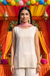 Off White Thread Embroidered Sleeveless Straight Kurta with Sharara and Dupatta Set