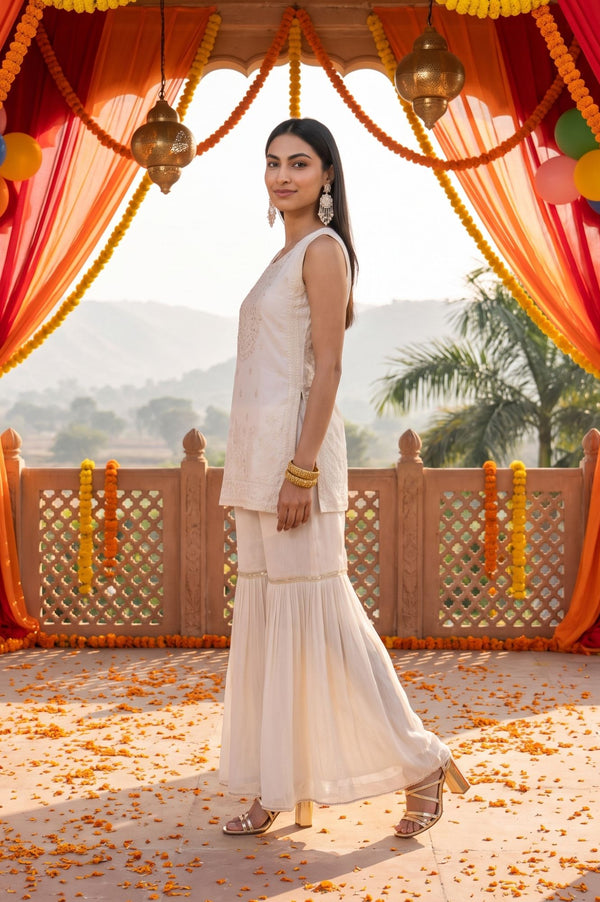 Off White Thread Embroidered Sleeveless Straight Kurta with Sharara and Dupatta Set