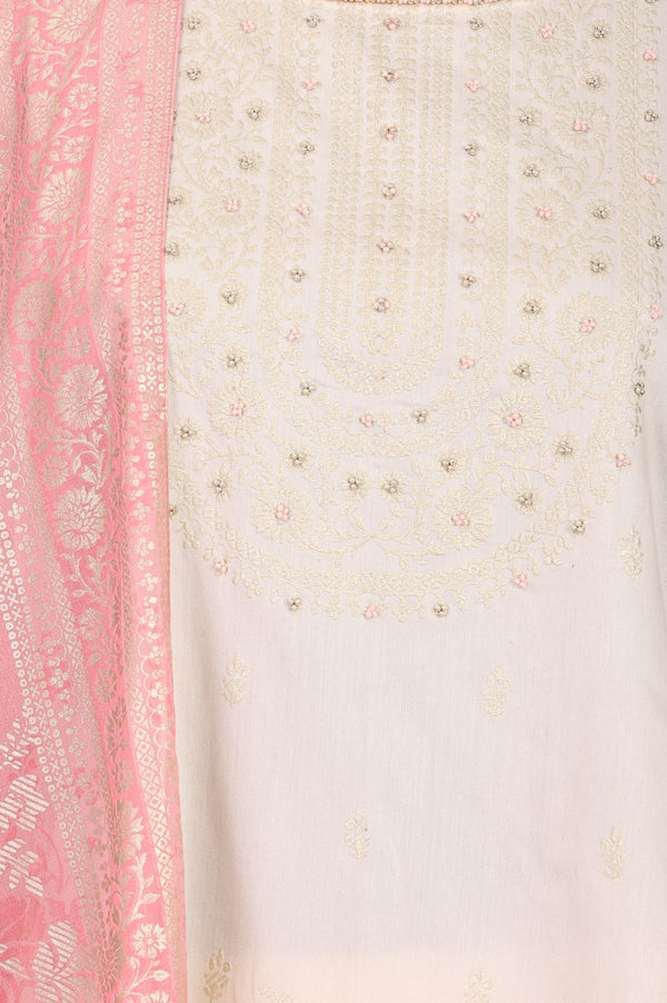 Off White Thread Embroidered Sleeveless Straight Kurta with Sharara and Dupatta Set