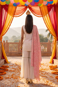 Off White Thread Embroidered Sleeveless Straight Kurta with Sharara and Dupatta Set