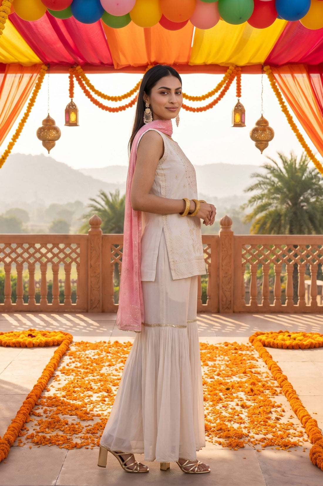 Off White Thread Embroidered Sleeveless Straight Kurta with Sharara and Dupatta Set