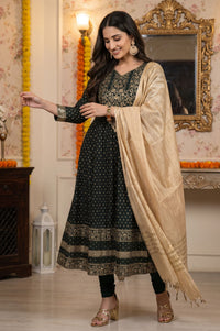 Green Foil Printed Chanderi Flared Kurta with Leggings and Dupatta Set
