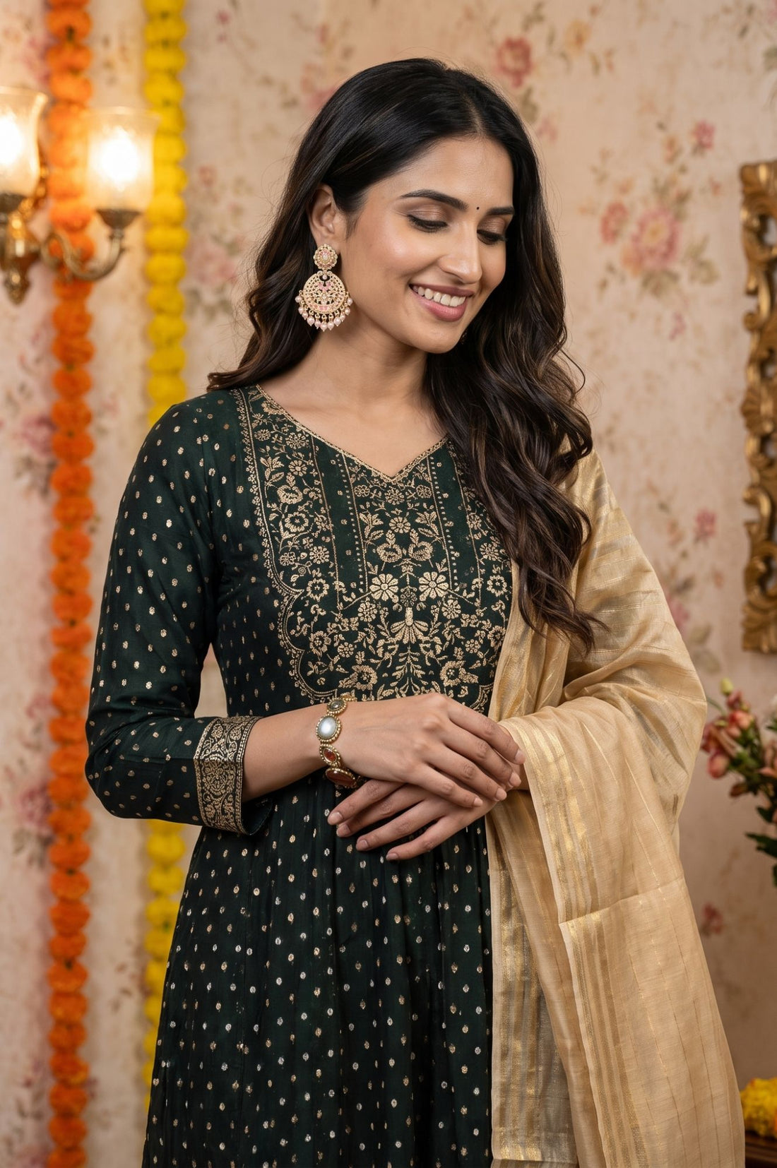 Green Foil Printed Chanderi Flared Kurta with Leggings and Dupatta Set