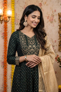 Green Foil Printed Chanderi Flared Kurta with Leggings and Dupatta Set