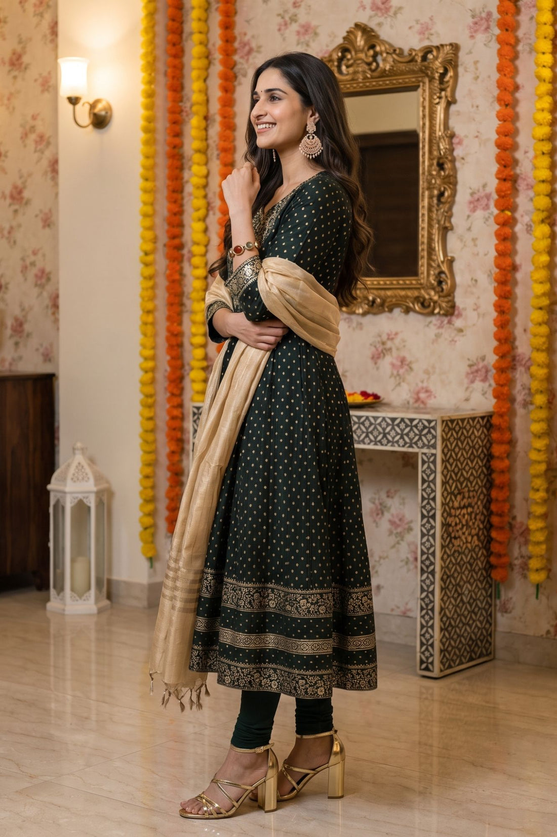 Green Foil Printed Chanderi Flared Kurta with Leggings and Dupatta Set