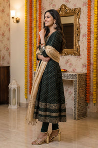 Green Foil Printed Chanderi Flared Kurta with Leggings and Dupatta Set