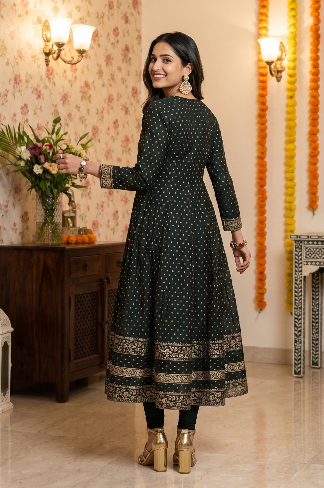 Green Foil Printed Chanderi Flared Kurta with Leggings and Dupatta Set