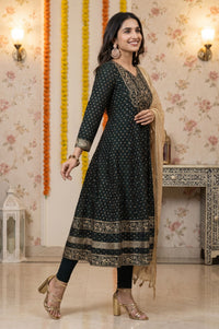 Green Foil Printed Chanderi Flared Kurta with Leggings and Dupatta Set