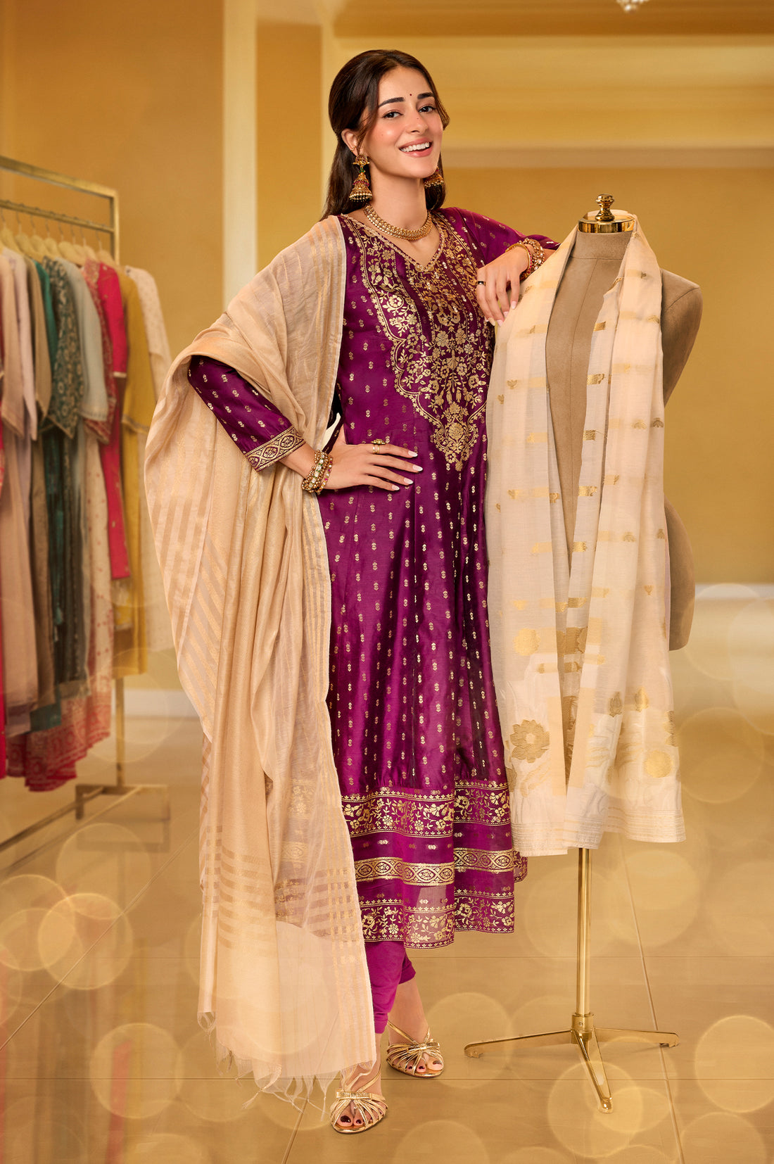 Purple Gold Printed Chanderi Flared Kurta with Legging and Dupatta Set