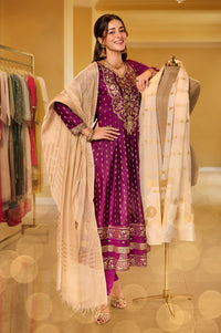 Purple Gold Printed Chanderi Flared Kurta with Legging and Dupatta Set