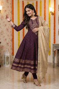 Purple Gold Printed Chanderi Flared Kurta with Legging and Dupatta Set