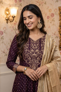 Purple Gold Printed Chanderi Flared Kurta with Legging and Dupatta Set