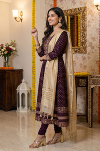 Purple Gold Printed Chanderi Flared Kurta with Legging and Dupatta Set