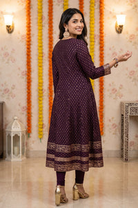 Purple Gold Printed Chanderi Flared Kurta with Legging and Dupatta Set