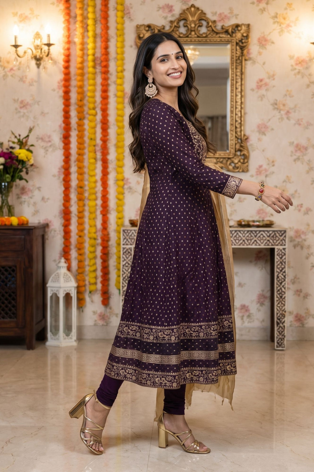 Purple Gold Printed Chanderi Flared Kurta with Legging and Dupatta Set