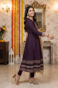 Purple Gold Printed Chanderi Flared Kurta with Legging and Dupatta Set