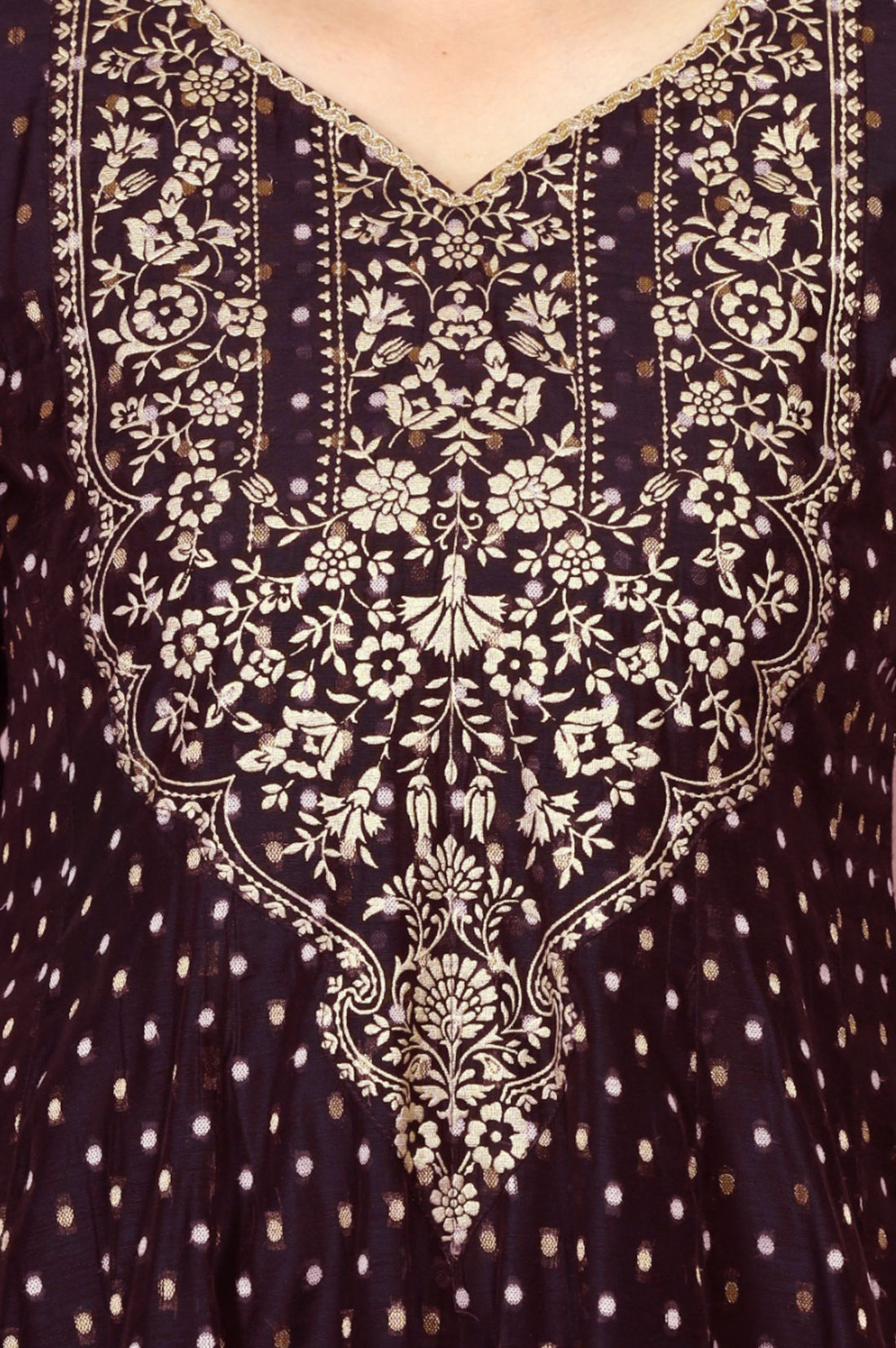 Purple Gold Printed Chanderi Flared Kurta with Legging and Dupatta Set