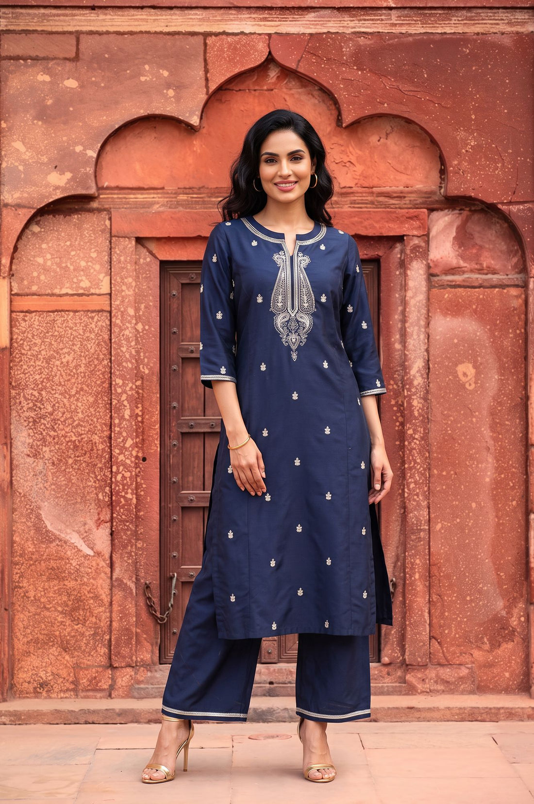 Navy Blue Zari Embroidered Yarn Dyed Straight Kurta with Palazzo Co-ord Set