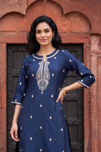 Navy Blue Zari Embroidered Yarn Dyed Straight Kurta with Palazzo Co-ord Set