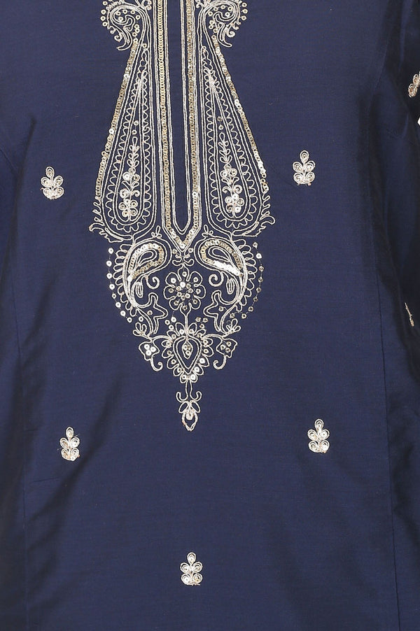 Navy Blue Zari Embroidered Yarn Dyed Straight Kurta with Palazzo Co-ord Set