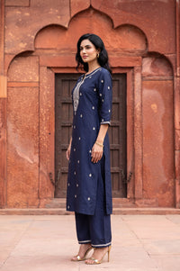 Navy Blue Zari Embroidered Yarn Dyed Straight Kurta with Palazzo Co-ord Set