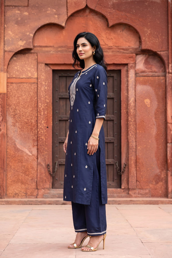 Navy Blue Zari Embroidered Yarn Dyed Straight Kurta with Palazzo Co-ord Set
