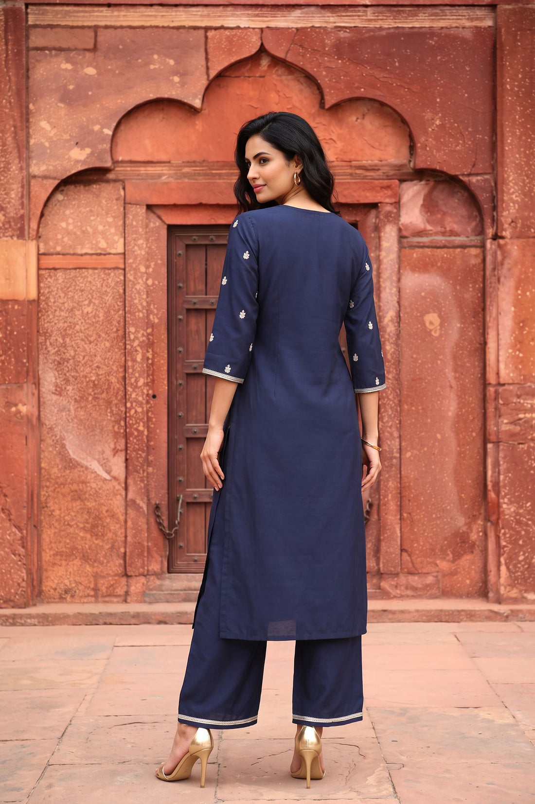 Navy Blue Zari Embroidered Yarn Dyed Straight Kurta with Palazzo Co-ord Set