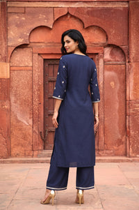 Navy Blue Zari Embroidered Yarn Dyed Straight Kurta with Palazzo Co-ord Set
