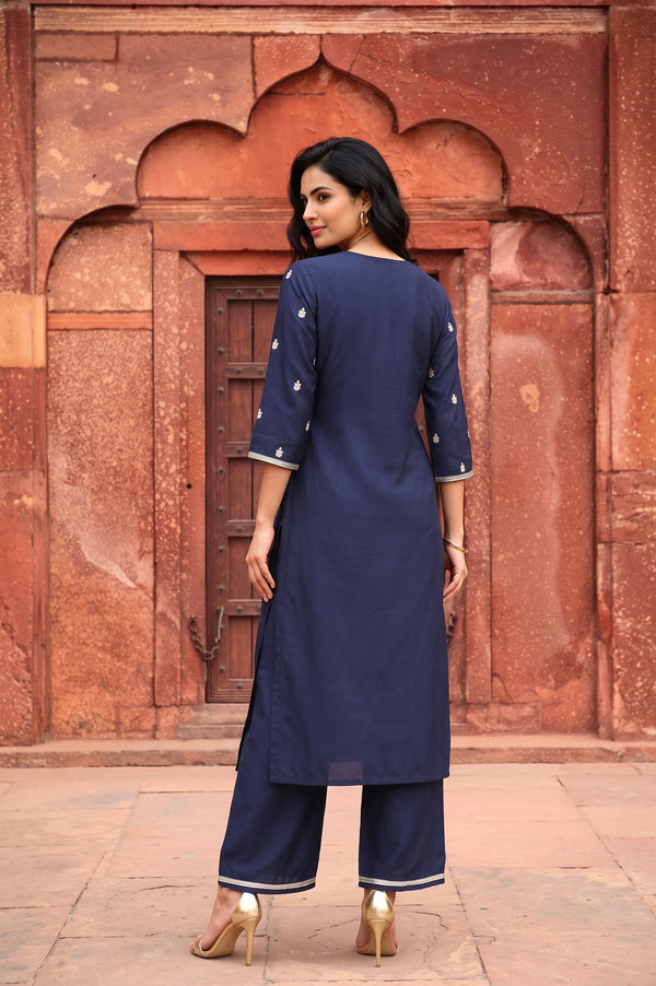 Navy Blue Zari Embroidered Yarn Dyed Straight Kurta with Palazzo Co-ord Set