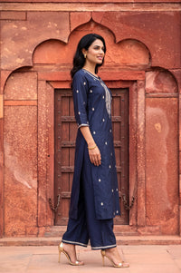 Navy Blue Zari Embroidered Yarn Dyed Straight Kurta with Palazzo Co-ord Set