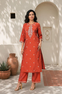 Rust Zari Embroidered Yarn Dyed Straight Kurta with Palazzo Co-ord Set