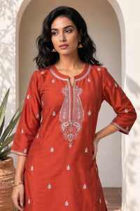 Rust Zari Embroidered Yarn Dyed Straight Kurta with Palazzo Co-ord Set