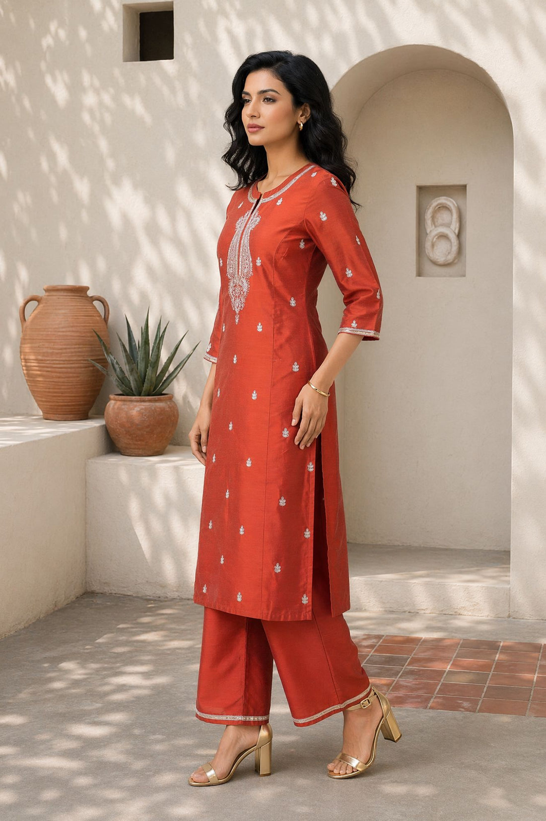 Rust Zari Embroidered Yarn Dyed Straight Kurta with Palazzo Co-ord Set