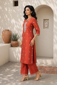 Rust Zari Embroidered Yarn Dyed Straight Kurta with Palazzo Co-ord Set
