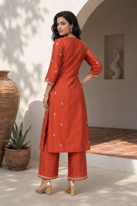 Rust Zari Embroidered Yarn Dyed Straight Kurta with Palazzo Co-ord Set