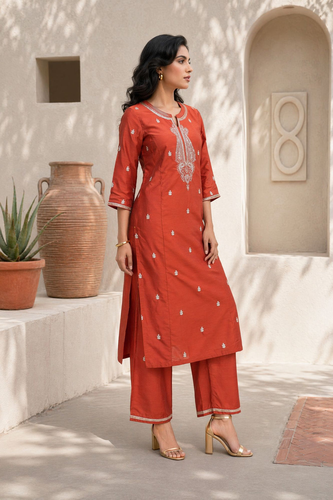 Rust Zari Embroidered Yarn Dyed Straight Kurta with Palazzo Co-ord Set