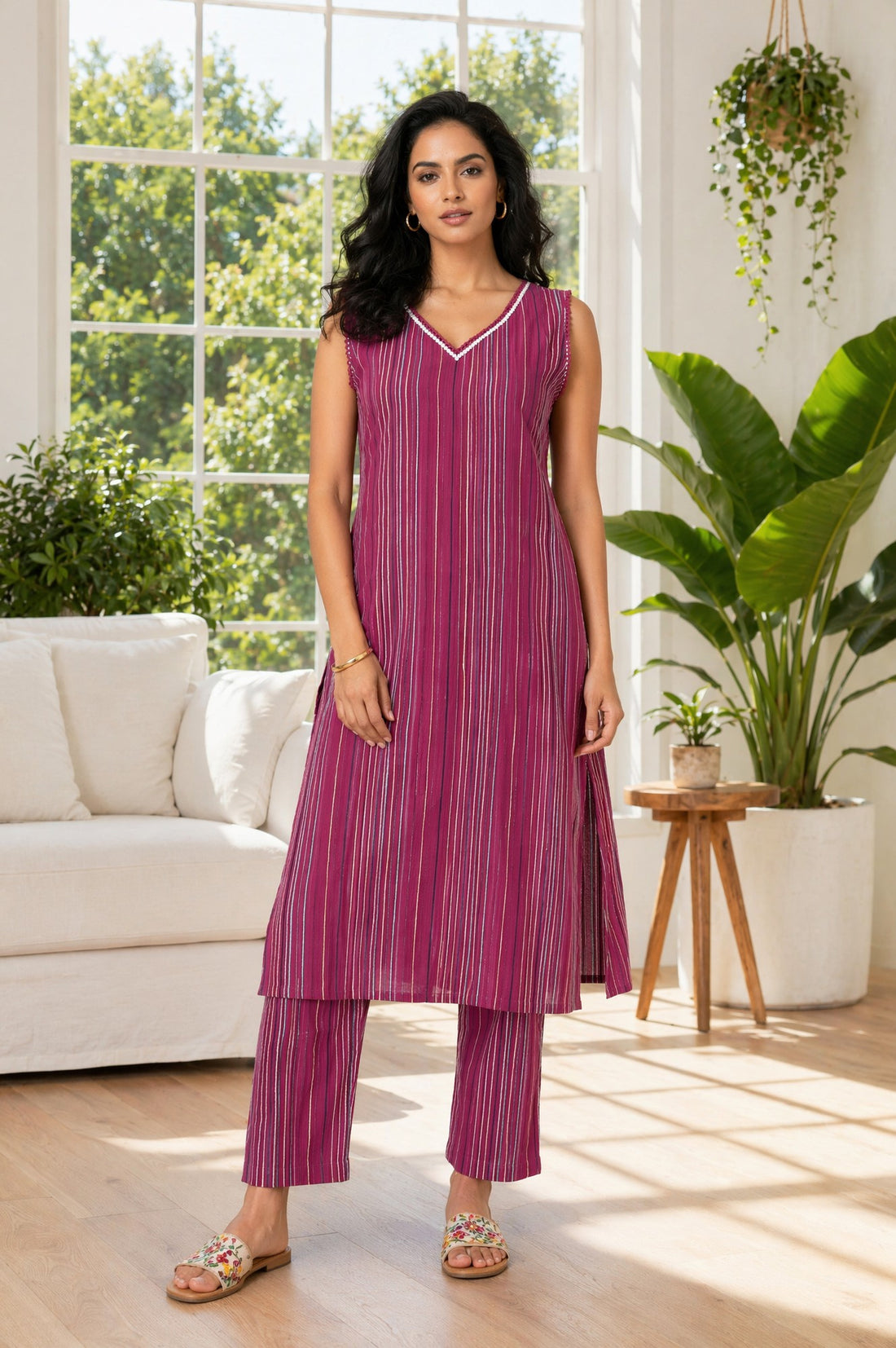 Magenta Striped Yarn Dyed Cotton Blend Sleeveless Straight Kurta with Trousers Set
