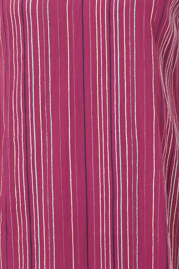Magenta Striped Yarn Dyed Cotton Blend Sleeveless Straight Kurta with Trousers Set