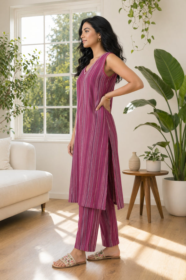 Magenta Striped Yarn Dyed Cotton Blend Sleeveless Straight Kurta with Trousers Set