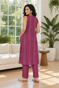 Magenta Striped Yarn Dyed Cotton Blend Sleeveless Straight Kurta with Trousers Set
