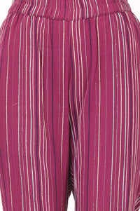 Magenta Striped Yarn Dyed Cotton Blend Sleeveless Straight Kurta with Trousers Set