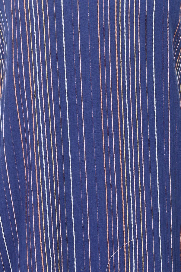 Navy Blue Striped Yarn Dyed Cotton Blend Sleeveless Straight Kurta with Trousers Set