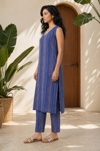 Navy Blue Striped Yarn Dyed Cotton Blend Sleeveless Straight Kurta with Trousers Set