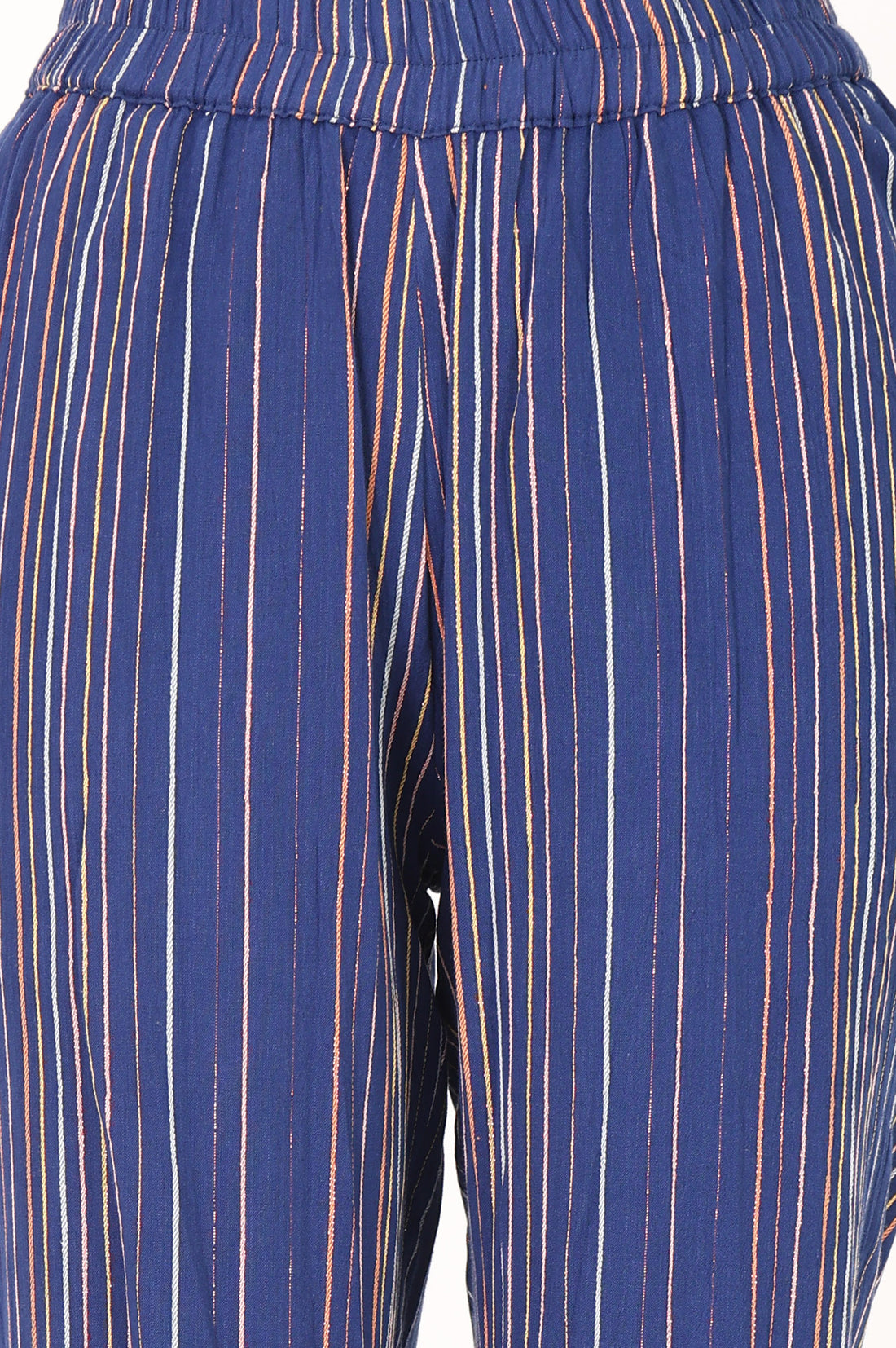 Navy Blue Striped Yarn Dyed Cotton Blend Sleeveless Straight Kurta with Trousers Set