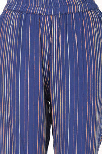 Navy Blue Striped Yarn Dyed Cotton Blend Sleeveless Straight Kurta with Trousers Set